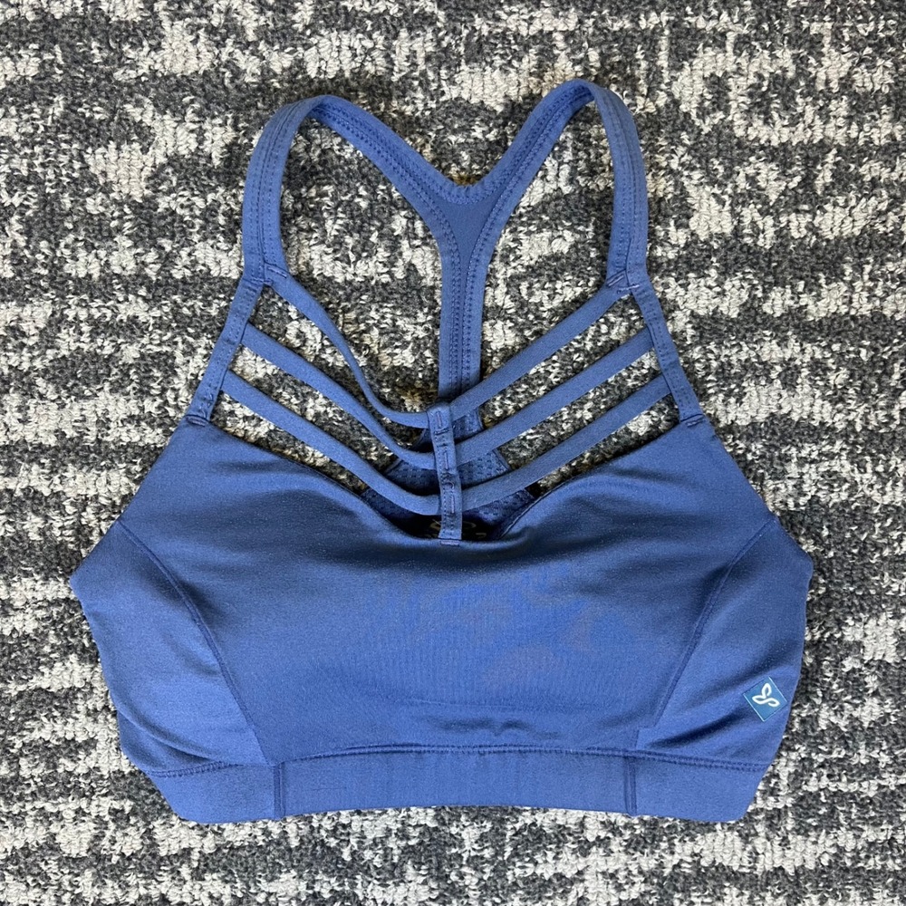 Prana Elixir Sports Bra XS Blue Strappy Cage Front Racerback Yoga Activewear